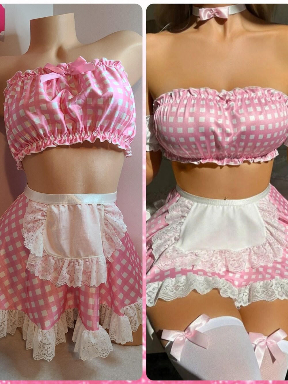 AVIDLOVE Sexy Pink Gingham Ruffle Lace Maid Cosplay Lingerie Set Size M/L